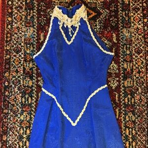 Vintage Cobalt Blue Sleeveless Gown with White Beading Y2K 90s